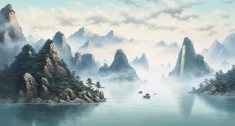 新中式彩色水墨山水画云雾环绕的山峰群山之中的湖泊上几艘小船缓缓驶过平静的水面泛起涟漪,插画/手绘图,插画/手绘图库,插画/手绘图下载,插画/手绘